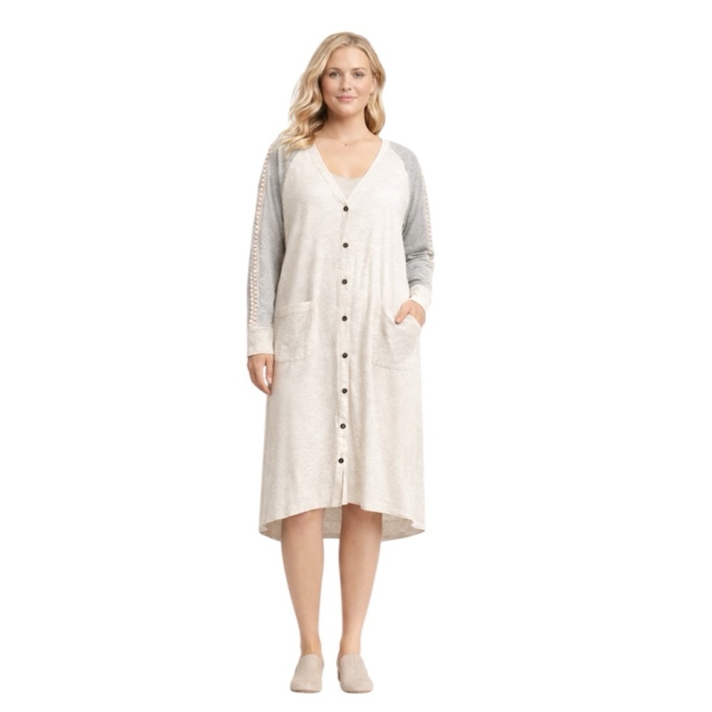 NWT Grey State Button Front Midi Geo Lace Duster Heather Gray Combo, Size L (3)